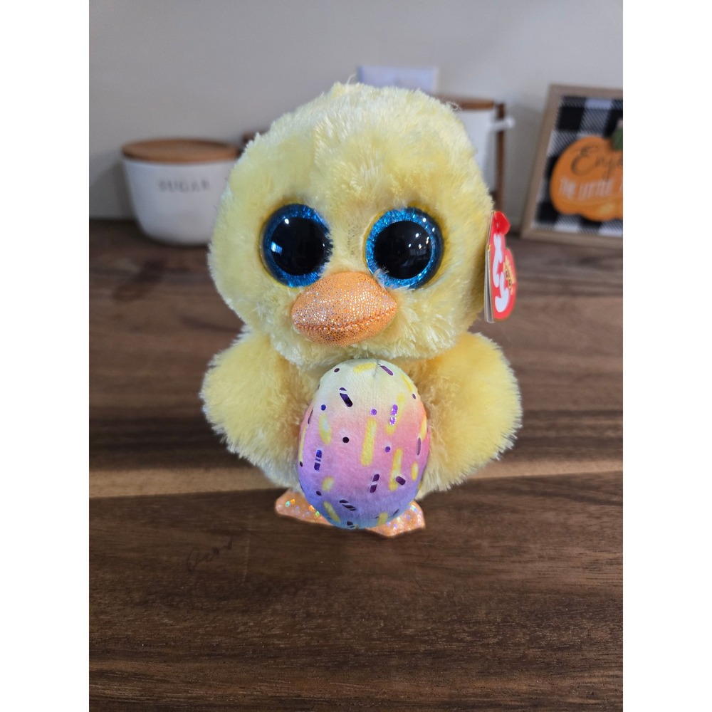 Ty Beanie Boos Marigold Yellow Chick Easter Plush with Egg Blue Glitter Eyes